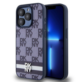 DKNY PU Leather Checkered Pattern and Stripe Fall für iPhone 15 Pro Max blau