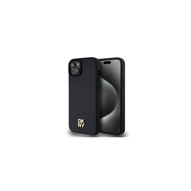 DKNY PU Leather Repeat Pattern Stack Logo Magsafe Case for iPhone 15 Plus black