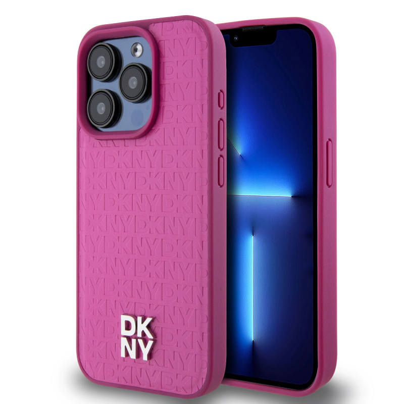 DKNY PU Leather Repeat Pattern Stack Logo Magsafe Case for iPhone 15 Pro pink