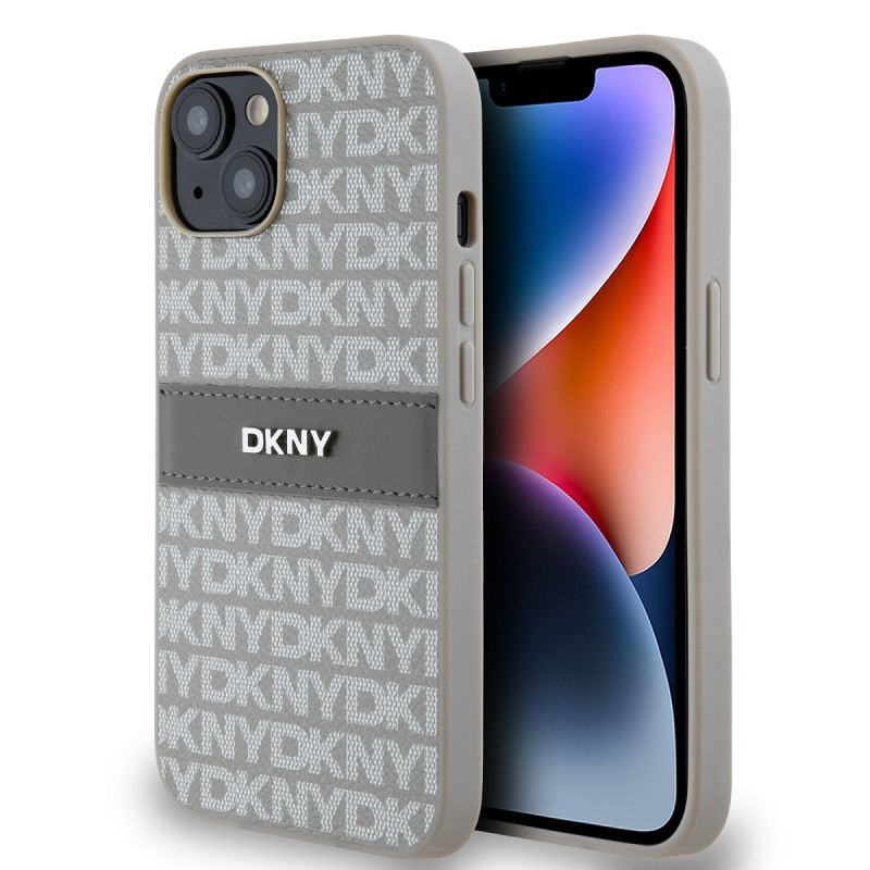 DKNY PU Leather Repeat Pattern Tonal Stripe pouzdro pro iPhone 14 béžová