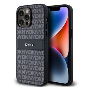 DKNY PU Leather Repeat Pattern Tonal Stripe Fall für iPhone 14 Pro schwarz