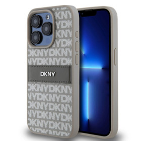 DKNY PU Leather Repeat Pattern Tonal Stripe ügyében iPhone 14 Pro Max beige