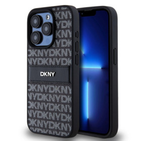 DKNY PU Leather Repeat Pattern Tonal Stripe ügyében iPhone 14 Pro Max fekete
