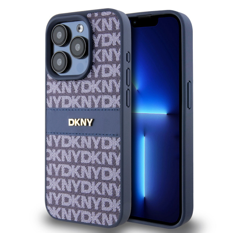 DKNY PU Leather Repeat Pattern Tonal Stripe Fall für iPhone 14 Pro Max blau