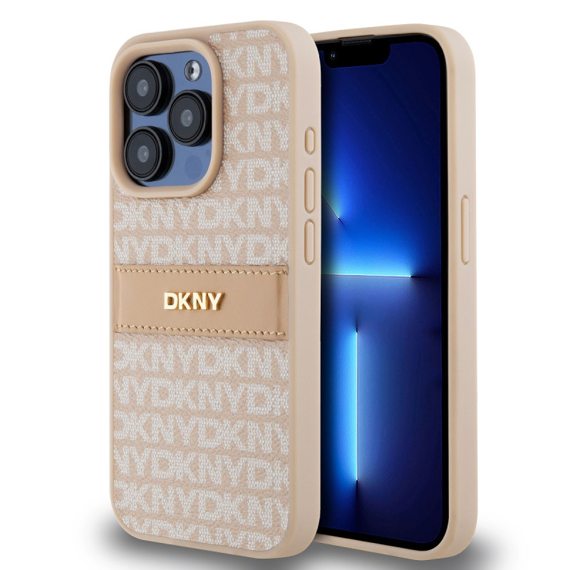 DKNY PU Leather Repeat Pattern Tonal Stripe puzdro pre iPhone 14 Pro ružová