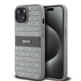 DKNY PU Leather Repeat Pattern Tonal Stripe Case for iPhone 15 beige