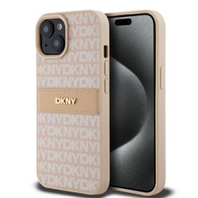 DKNY PU Leather Repeat Pattern Tonal Stripe puzdro pre iPhone 15 ružová