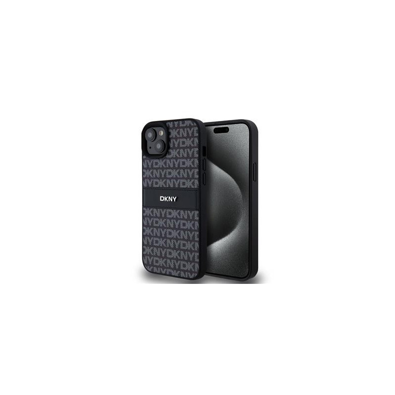 DKNY PU Leather Repeat Pattern Tonal Stripe puzdro pre iPhone 15 Plus čierna