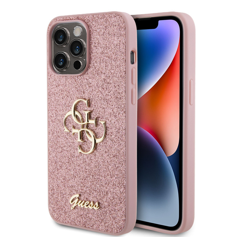 Guess PU Fixed Glitter 4G Metal Logo Case for iPhone 15 Pro Max pink
