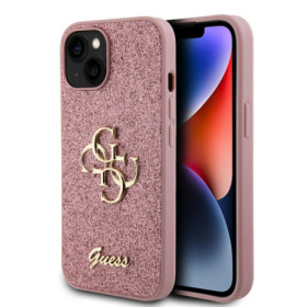 Guess PU Fixed Glitter 4G Metal Logo Case for iPhone 15 pink