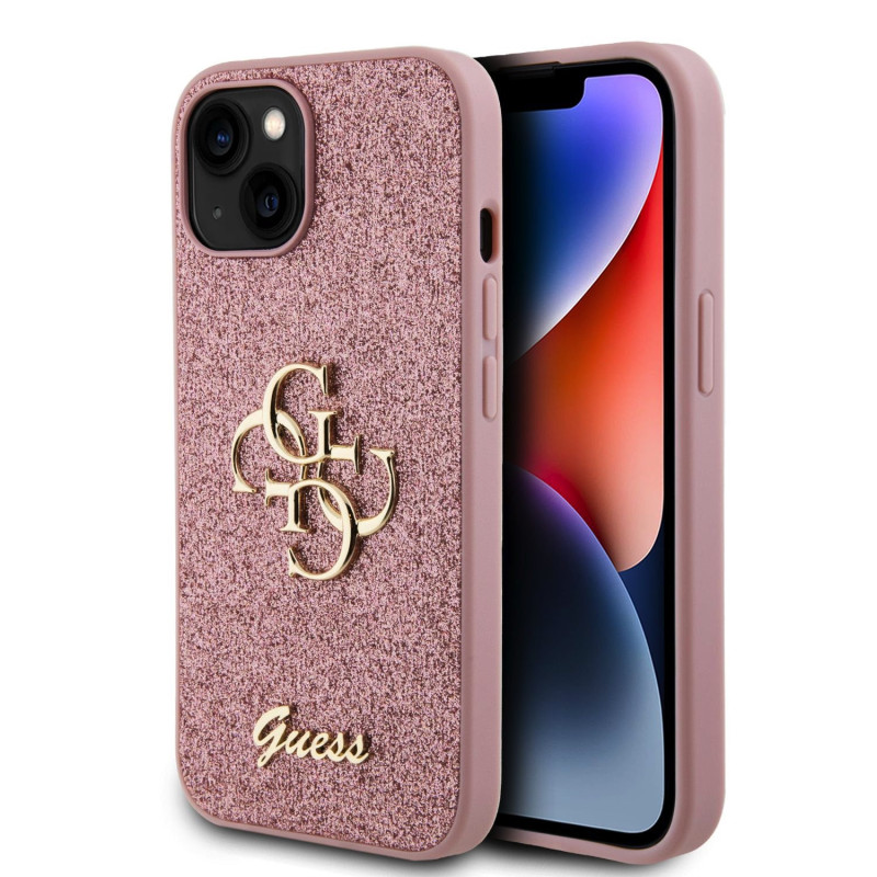 Guess PU Fixed Glitter 4G Metal Logo Case for iPhone 15 pink