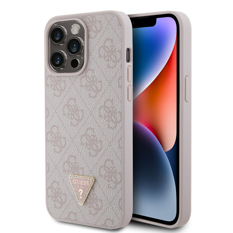 Guess PU 4G Strass Triangle Metal Logo pouzdro pro iPhone 15 Pro Max růžová