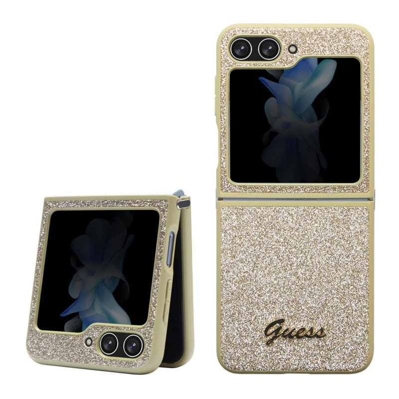 Guess PC/TPU Glitter Flakes Metal Logo puzdro pre Samsung Galaxy Z Flip 5 zlatá